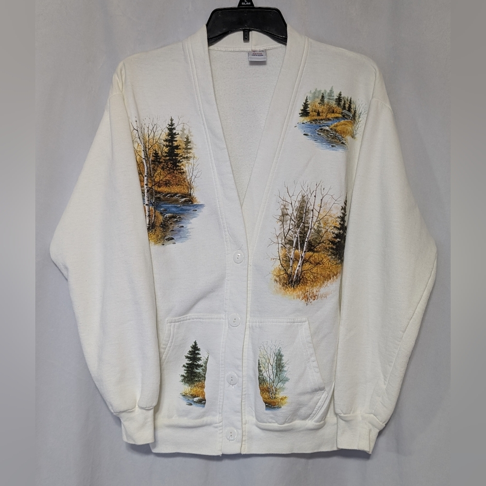 🌷Vintage White ESY Sportswear Forest Graphic Long Sleeve Cardigan Made In U.S.A